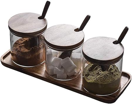 ZF Tarros de Cristal del condimento 3 frascos de Vidrio con cucharas de