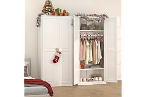 TIMELESS PIECES Metal Wardrobe Cabinets，Armoire Wardrobe Closet with Hanging Rod,Clothes Storage Cabinet with Adjustable Shelves and Doors, Clothing Cabinet for Bedroom, Office, Laundry Room