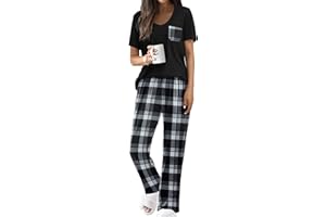 Ekouaer Pajama Sets for Women Short Sleeve Pj Set V Neck Sleepwear Chest Pocket with Long Pants Casual Loose Loungewear