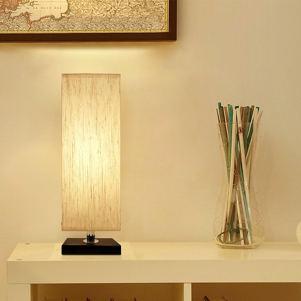Bedside Table Lamp, Aooshine Minimalist Solid Wood Table Lamp Bedside Desk Lamp with Square Flaxen Fabric Shade for Bedroom, Dresser, Living Room, Kids Room, College Dorm, Coffee Table, Bookcase - - 