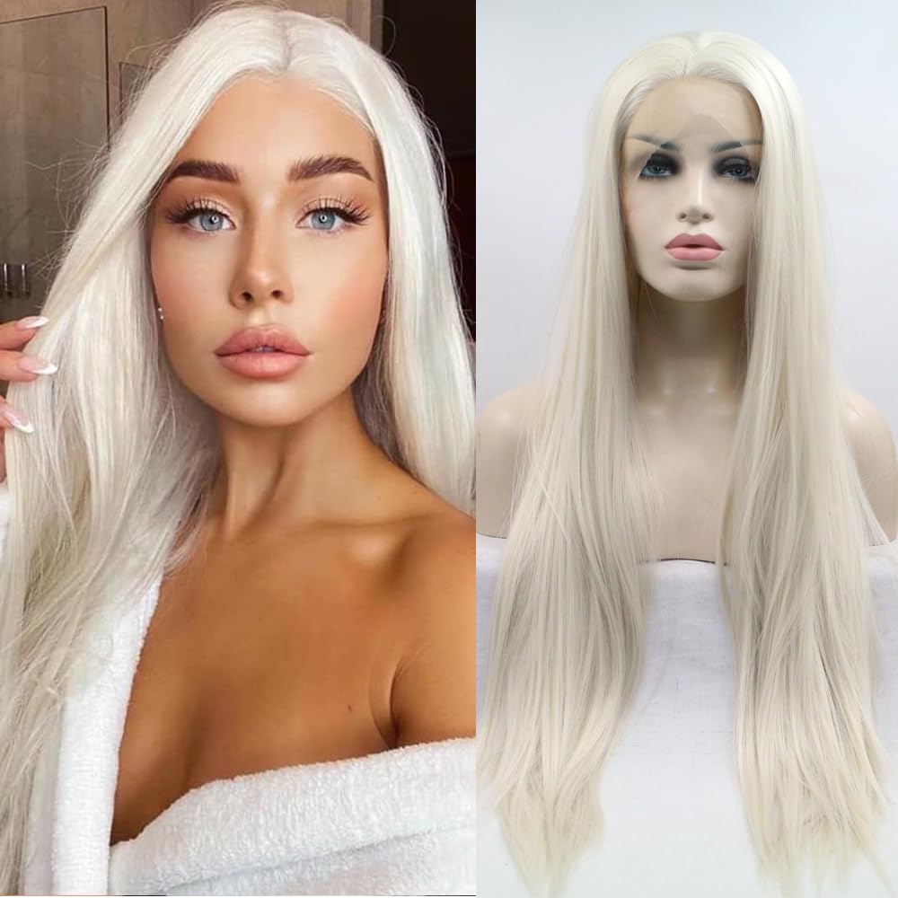 Xiweiya Long Silky Straight Hair Platinum Blonde Wigs 60# White Blonde Synthetic Lace Front Wig 13x3 Lace Natural Hairline Middle Part Heat Resistant Hair for Women, Snow Queen Cosplay 24" โ image 1