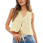 Peaceglad Tie Front Tops for Women Summer Vest Tank Top Woman Y2k Embroiderd Sleeveless Eyelet Lace Vests 2025 (Yellow S)