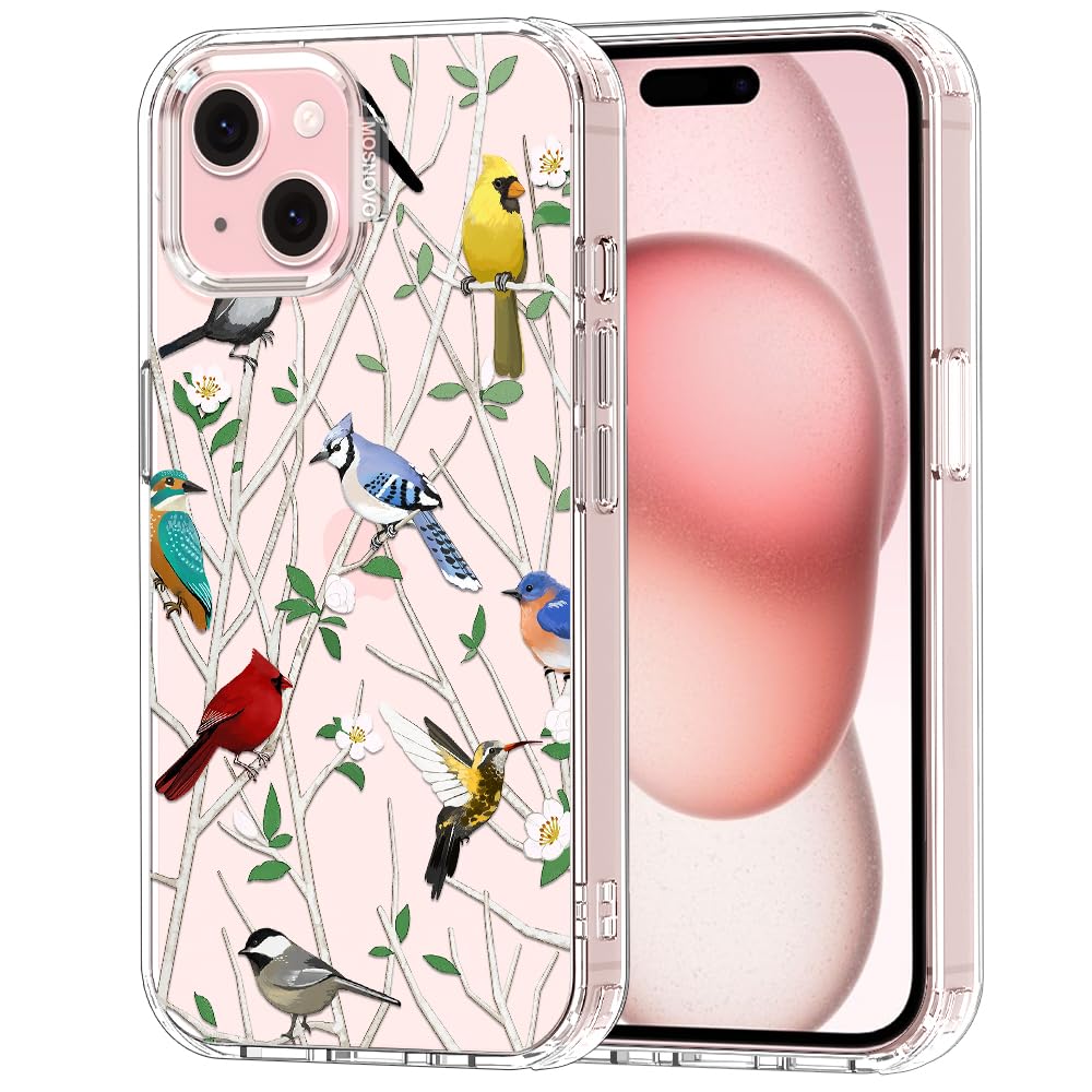 MOSNOVO Case for iPhone 15 Plus / 14 Plus [Buffertech 6.6ft Military-Grade Drop Protection] [Anti Peel Off Tech] Clear TPU Bumper Phone Case - Wild Bird