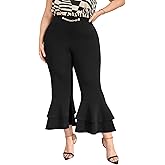 WDIRARA Women's Plus Size Chain Strap High Waist Layered Ruffle Flare Leg Pants