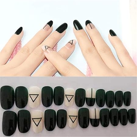 Amazon 偽の爪24個 セットダークグリーン完成したフェイクネイルラウンドヘッドショートフルカバートライアングルラインパターンロング Sclposter ネイルチップ 通販