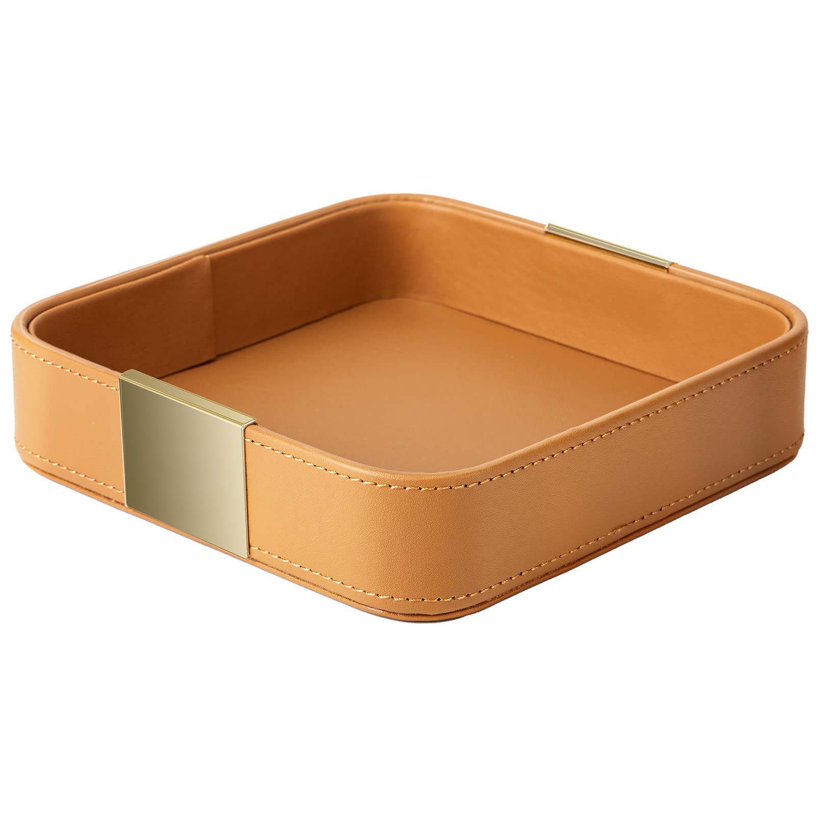SANZIE Luxury Leather Desktop Storage, Small Catchall Organizer, Decorative Tray for Entryway Table to Hold Jewelry,Watch,Cosmetics,Keys,Phone,Wallet,Home & Office Accessories (Metal Glided, Orange)