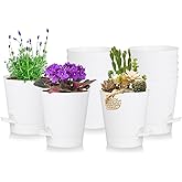 zople 12 Pack 4 Inch Self Watering Plant Pots with Drainage and Saucers,Plastic Flower Pots for Indoor and Outdoor Plants, Nursery Planters for Houseplants and Herbs White, 4 inch 12pcs