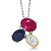 925 Silver and 10K Yellow Gold Red Ruby Blue Sapphire and White Moissanite Pendant Necklace For Women (3.10 Cttw, Oval 8X6MM, 7X5MM and 6X4MM, Gemstone July Birthstone, with 18 Inch Chain)