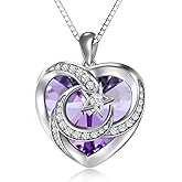 TOUPOP Birthstone Necklace for Women 925 Sterling Silver Moon and Star Necklaces Heart Crystal Jewelry Birthday Valentine's Day Gifts Women Wife Girlfriend