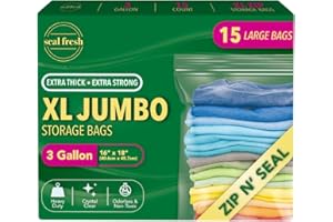 Seal Fresh 3 Gallon Large Plastic Storage Bags – 16" x 18" (15 Count) – Reusuable XXL Extra Large Heavy Duty Clear Jumbo Freezer Zip Lock Bags with Sealable Zipper Top For Clothes, Travel, Moving