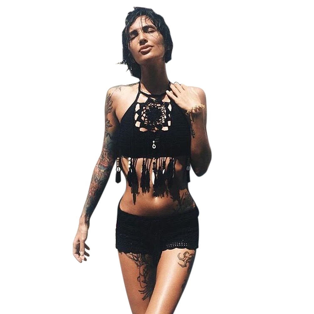 hannea retro style halter hollow out knitted fringed women bikini top