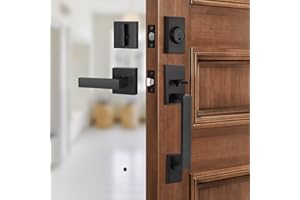 Gaurqiah Handle Set Heavy Duty Front Door Entry Handle and Deadbolt Lock Set Exterior Door Lock Set with Deadbolt Single Cylinder HandleSet Reversible for Right & Left Side, Matte Black