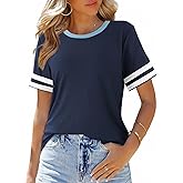 SHEWIN Women's Fashion Casual Crewneck Color Block T Shirts Short Sleeve Summer Tops Tees Slim Fit
