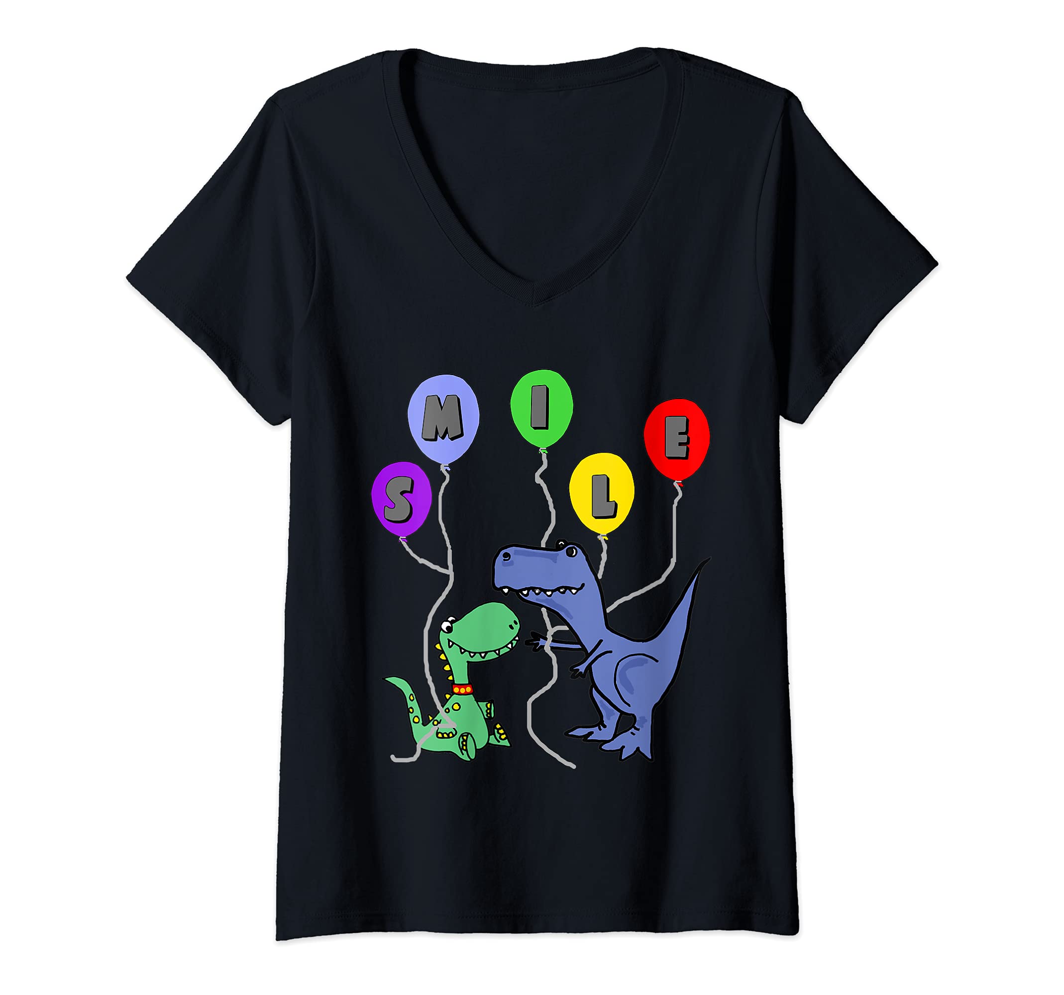 Womens Smileteesfunny Funny T-rex Dinosaurs with Smile Balloons V-Neck T-Shirt