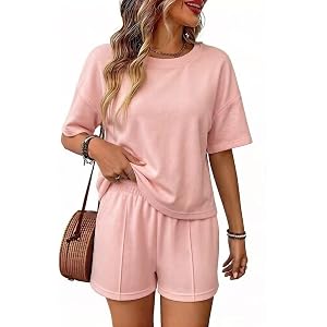 SamLng Lounge sets for women, Crew Neck Drop Shoulder Top and High Waist Shorts, Casual Summer 2 Piece Loungewear Set