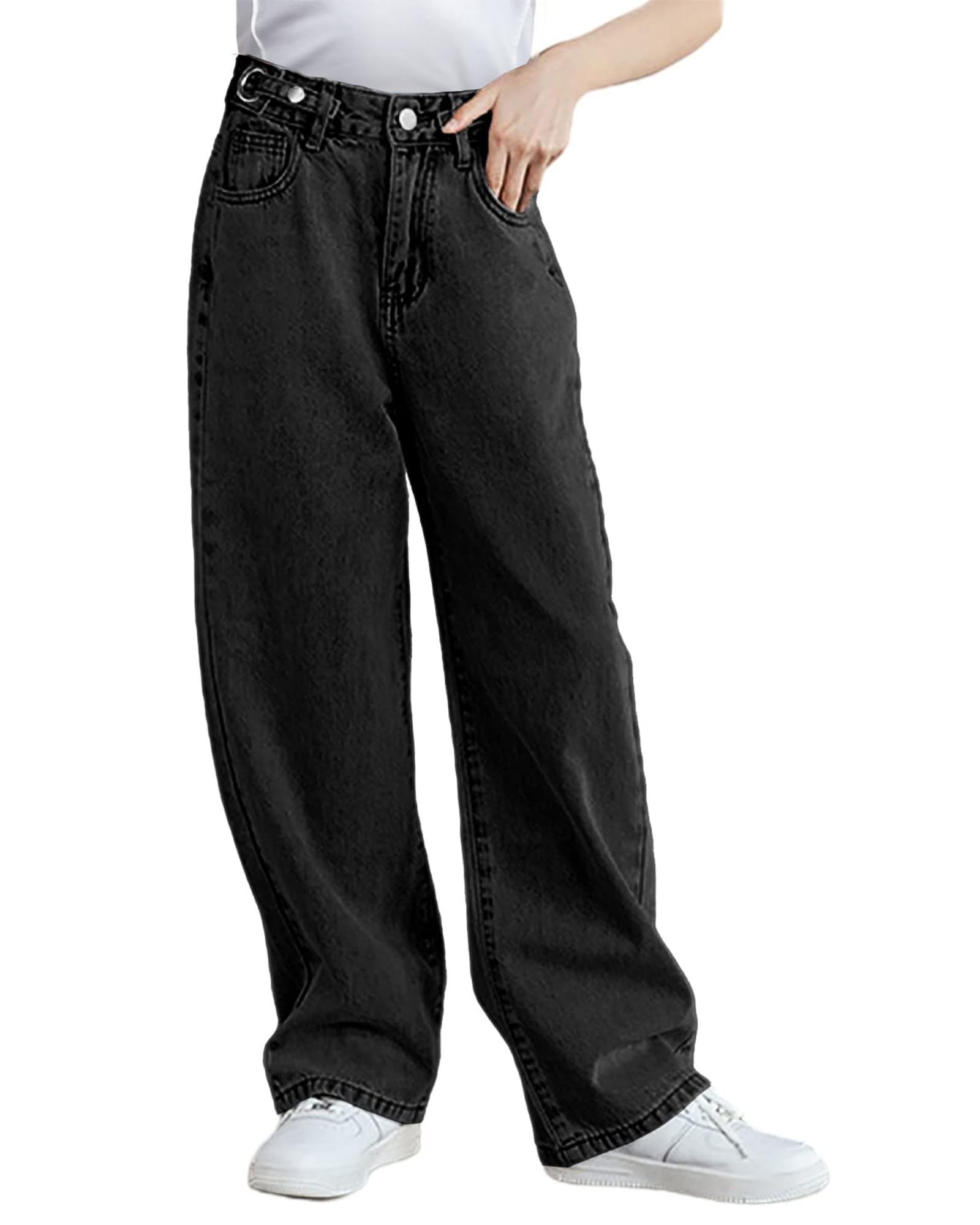 SANGTREE Girls Baggy Wide Leg Elastic Waist Denim Pants