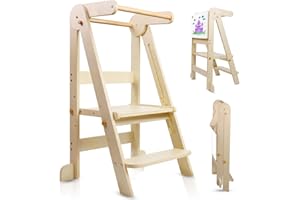 UUOEEBB Foldable Toddler Kitchen Tower Step Stool, Standing Tower with Whiteboard, Toddler Kitchen Stool Helper with 3 Adjustable Height, Step Stool for Kids 1-6 Years, Natural