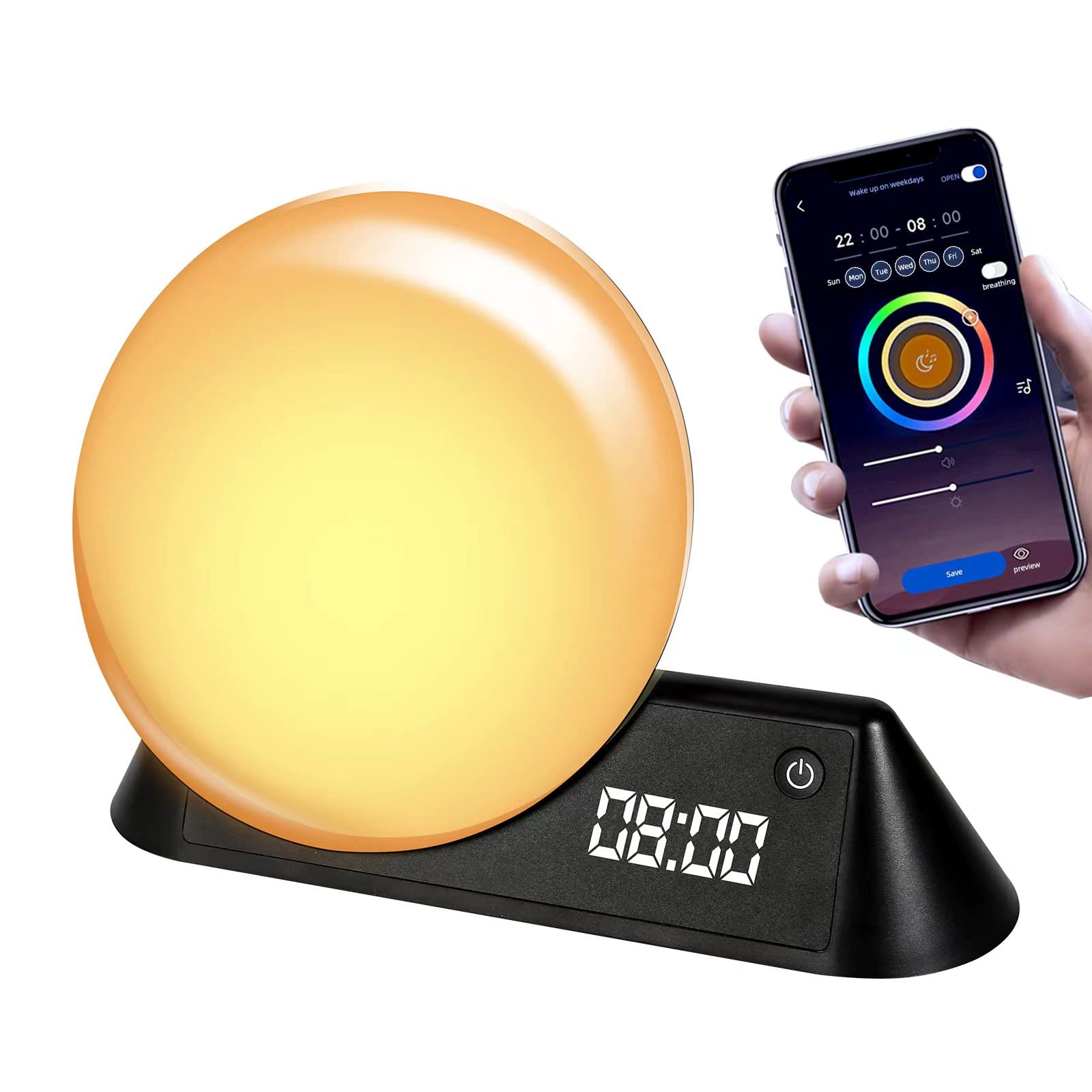 Sunrise Alarm Clock, Smart Wake Up Light Work with Alexa, google, 15 Nature Sounds & Snooze,can be used as a speaker, 6 Colors Night Light, Sleep Aid Digital Alarm Clock for Heavy Sleepers Adults Kids