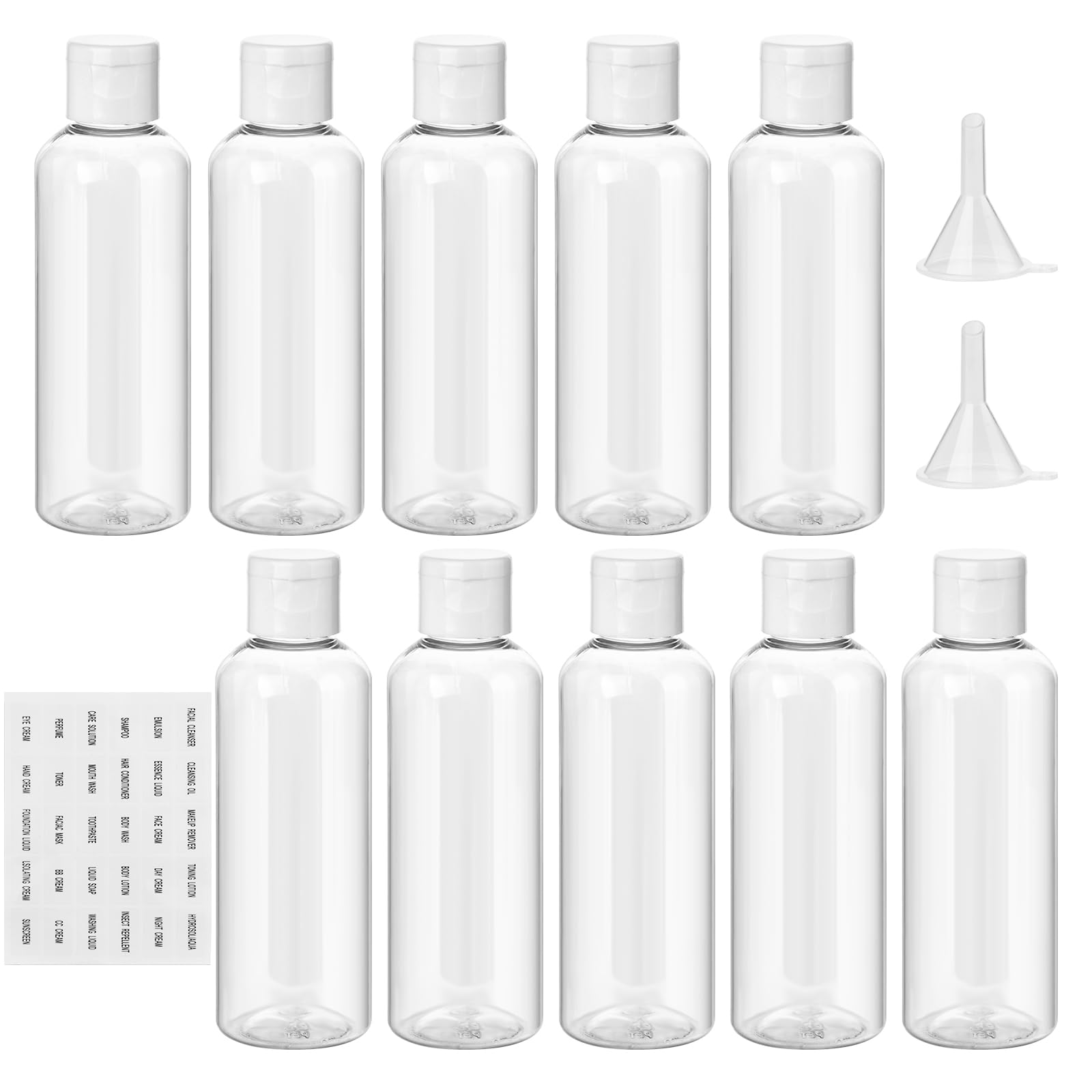 Flintronic 10-Pack Transparent Travel Bottles Set, 100ML Refillable Containers for Toiletries, Shampoo, Cosmetic Liquid With 2 Funnels