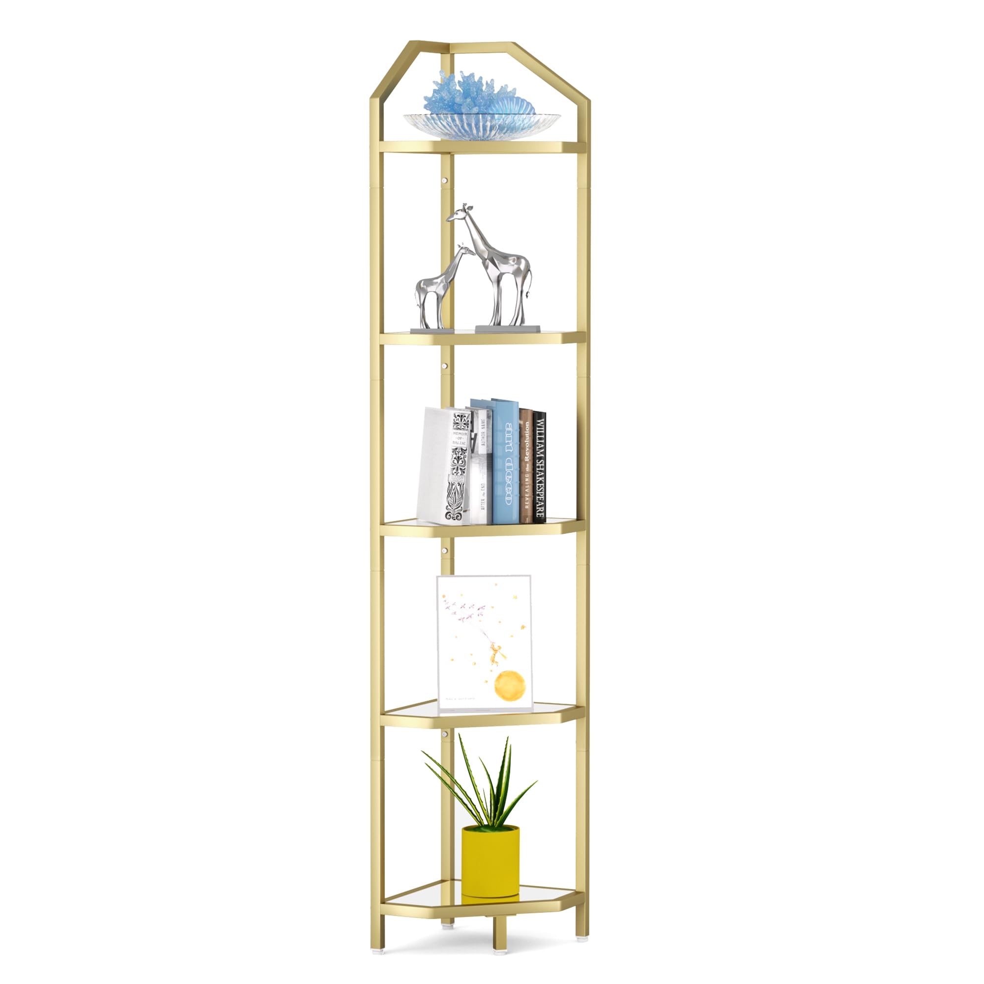 Photo 1 of MISSING GLASS -------------------------------------5-Tier Corner Shelf Stand, Gold Corner Bookshelf, Bathroom Storage Rack Shelf, Plant Rack, Tempered Glass, Steel Frame, Modern Style for Living Room, Bathroom, Kitchen, Metallic Gold