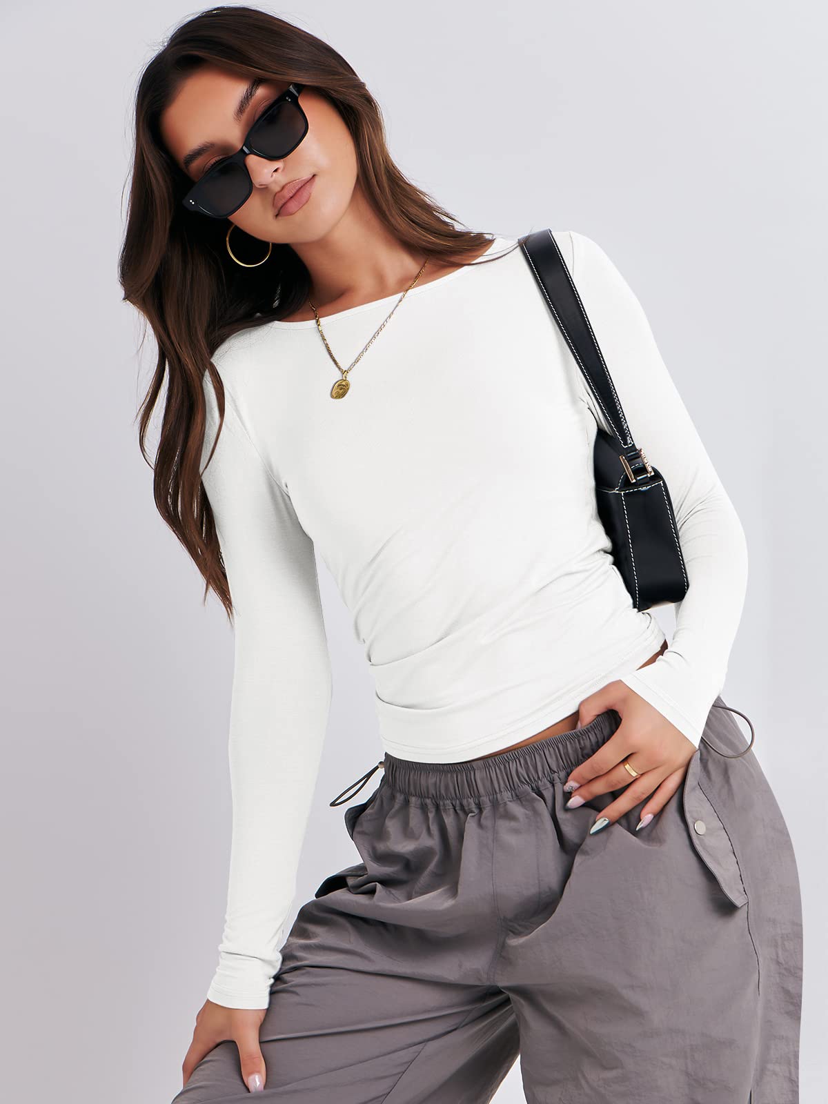 ANRABESS Women’s Long Sleeve Shirts Tight Fitted Going Out Crop Tops Crewneck Basic Tee Y2k Fall Outfits Teens Girls Clothes