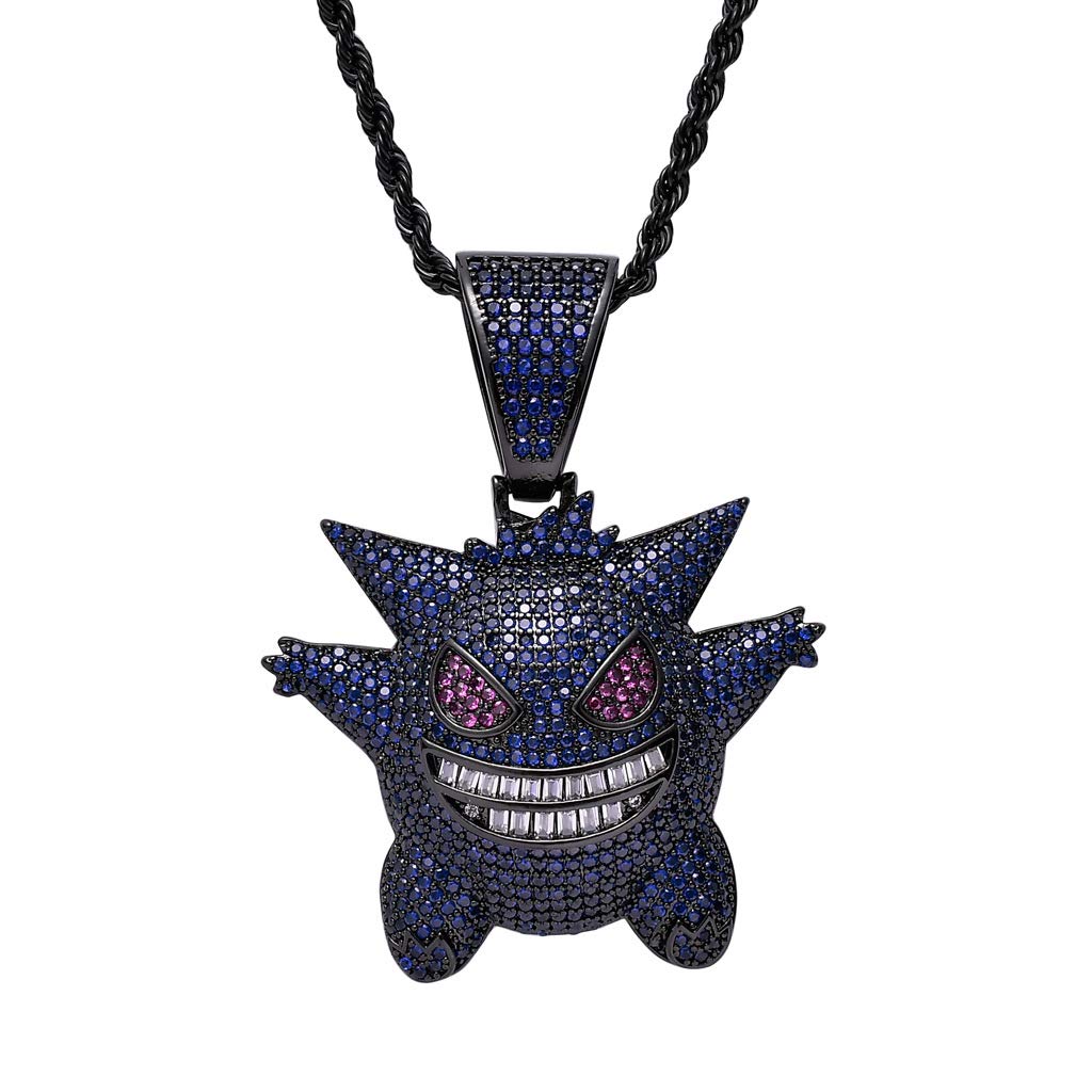 MTCFLTOO Hip Hop Gengar Pendant Jewelry Unisex Iced Out Necklace with Rope Chain+Mala Beads Bracelet Gift for Men Women-(Blue)