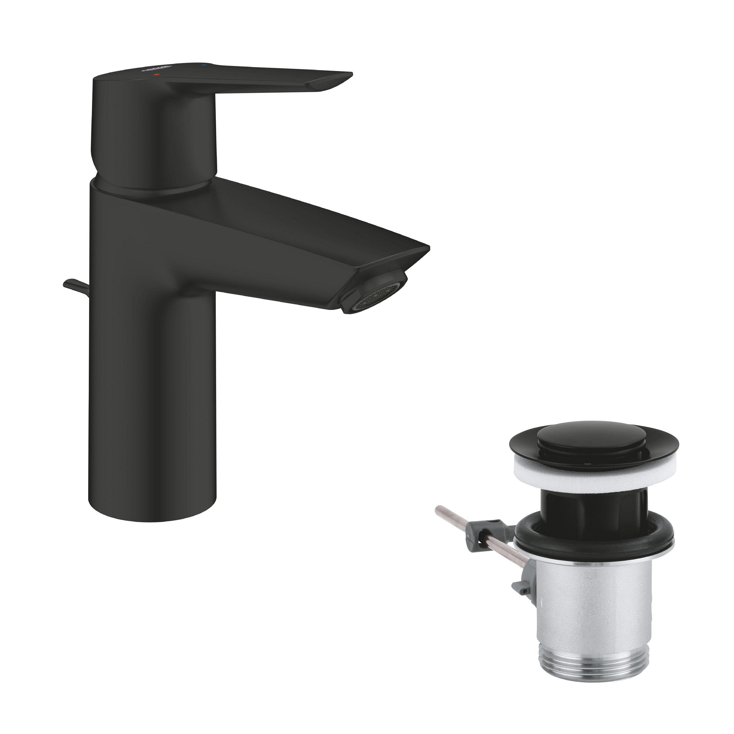 GROHE Start QuickFix - Basin Mixer Tap with Pop-Up Waste Set (S-Size 165 mm, 28 mm Ceramic Cartridge, Water Saving, Tails 3/8 Inch, Easy to Fit with GROHE QuickTool), Matt Black, 242092432