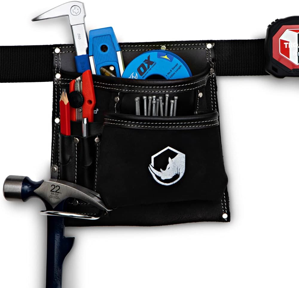 STRONGLAD 5-Pocket Single Side Black Leather Work Tool Belt Pouch for Carpenter Toolbelt for Construction Men and Women