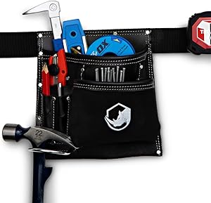 STRONGLAD 5-Pocket Single Side Black Leather Work Tool Belt Pouch for Carpenter Toolbelt for Construction Men and Women