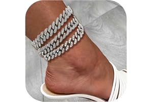 Jacruces Gold Silver Ankle Bracelets for Women Cuban Link Anklets Plus Size Ankle Bracelet Layered Link Anklet Set Rhinestone Bling Anklets Gold Silver Jewelry for Women Gift Set