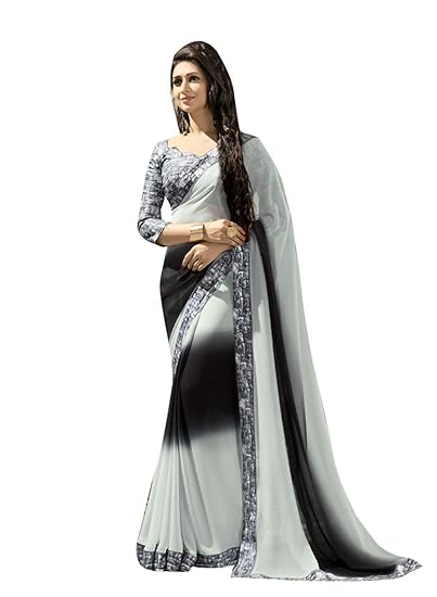 Womens Georgette Printed Border Work Saree (Black and Grey)