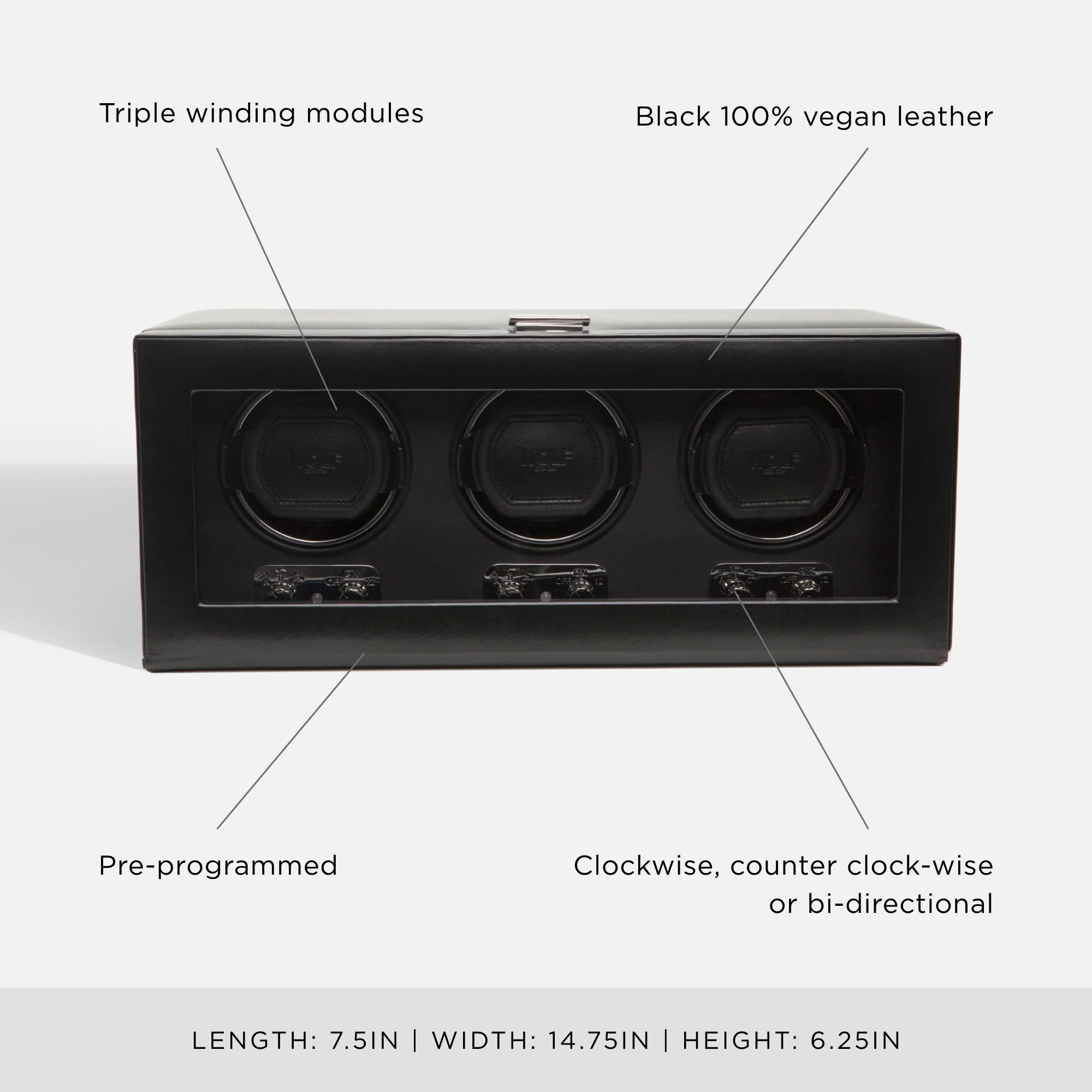 Wolf Designs Wolf Heritage Triple Winder with Glass Cover, Black - Secure Fit with Patented Lock-in Dynamic Cuff - for Bigger, Heavier Watches - Vegan Leather - Includes Universal Adapter