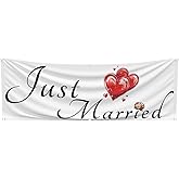 Just Married Flag Banner Outdoor Indoor Decoration Flag 24x72inch Single Stitched Polyester with Brass Grommets (White)