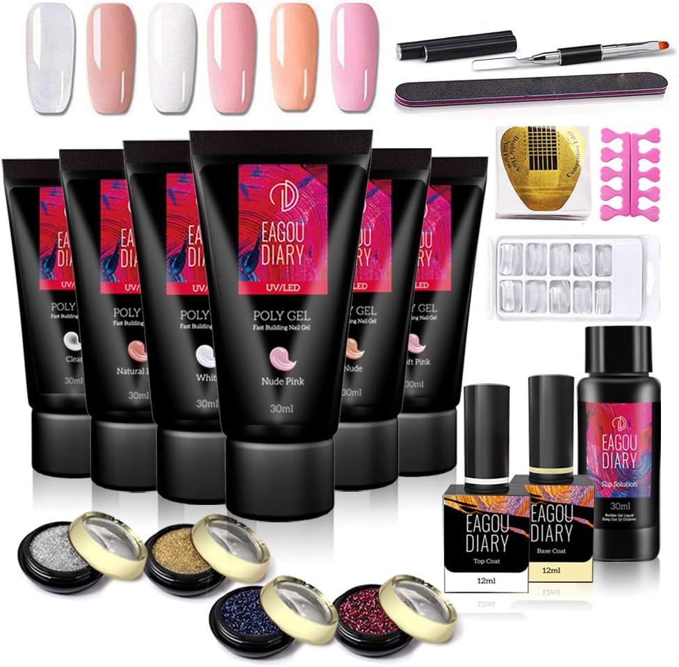 NaSeny 6 Color 30 ML Nail Poly Gel Kit Clear Nail Builder Gel Enhancement Extension with Base and Top Coat All-in-One French Nail Art Set for Starter Nails Manicure DIY at Home Gift for Mother's Day