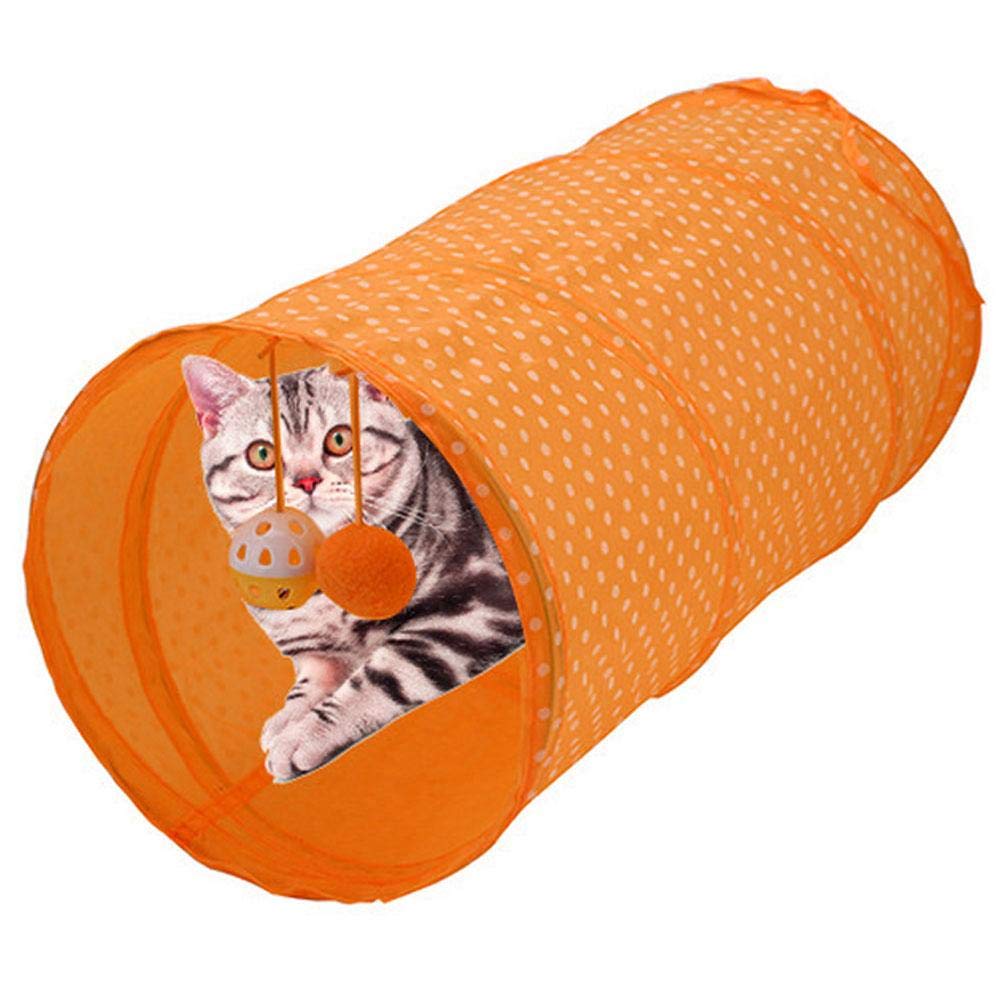Foldable Cat Tunnel Toy with Polka Dot Design, Long Interactive Hide and Seek Play Tunnel for Cats, Kittens, Puppies and Small Dogs - Orange