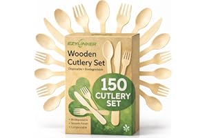 (150 Count) Disposable Wooden Cutlery Set - Alternative to Plastic Cutlery, Eco Friendly, Biodegradable, Compostable Cutlery 