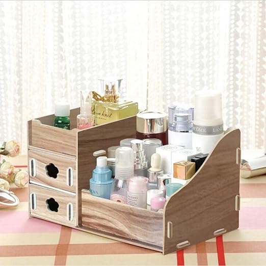 Amazon Com Nikolay Drawer Makeup Storage Organizer Wooden Construction With Storage Drawers Storage Box For Cosmetics Sundries Wood Color Home Kitchen