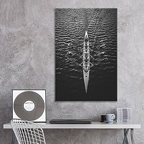 Canvas Wall Art Sports Theme - Team Rowing in The Sea in Black White - Giclee Print Gallery Wrap Modern Home Art Ready to Hang - 12x18 inches