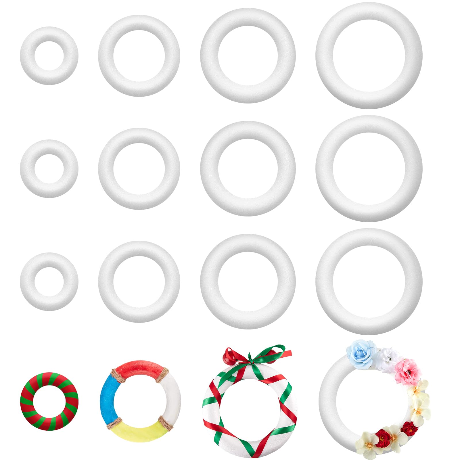 Photo 1 of Frienda 12 Pcs Foam Wreath Form 4 Sizes Foam Circles for Crafts Including 4in 6in 8in 10in White Foam Wreath Ring Round Foam Ring for Christmas DIY Arts Flower Projects Wedding Home Decoration