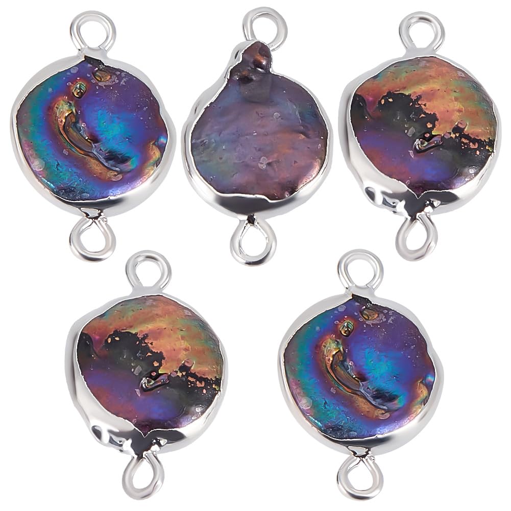 Beebeecraft 1 Box 5Pcs Pearl Connector Charms Natural Baroque Keshi Pearl Flat Round Links for Summer Them DIY Bracelet Necklace Jewellery Making