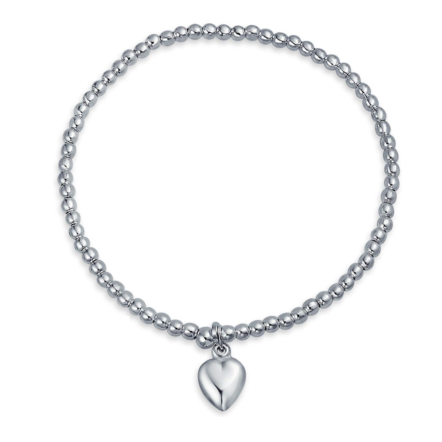 Personalized Plain Simple Engravable Monogram Alphabet A-Z Initial Dainty Heart Tag Charm 3MM Ball Bead Stretch Bracelet For Women For Teen .925 Sterling Silver Adjustable Stackable Customize