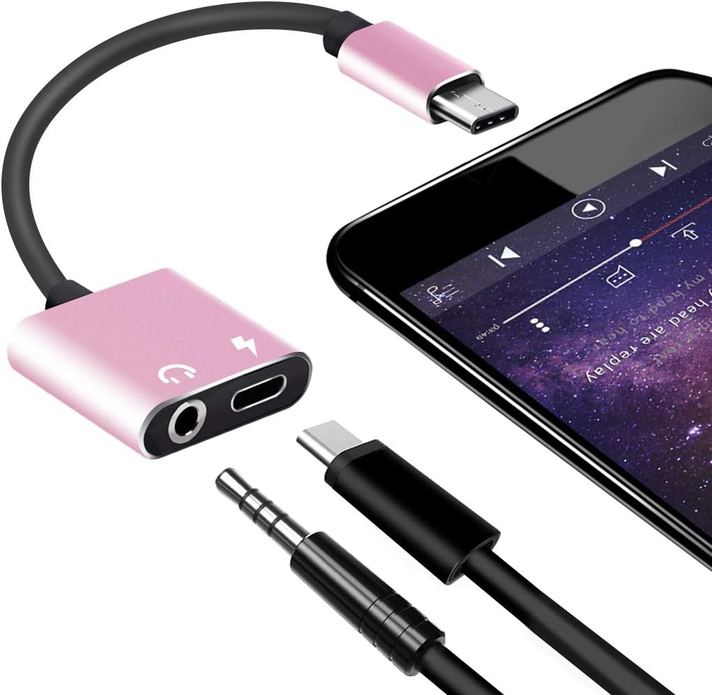 Type C Adapter, Lively Life USB Type C to 3.5mm Audio Jack Headphone Adapter 2 in 1 Type C Splitter Adapter, Support for Charging Music Phone Call Remote Control Rose Gold