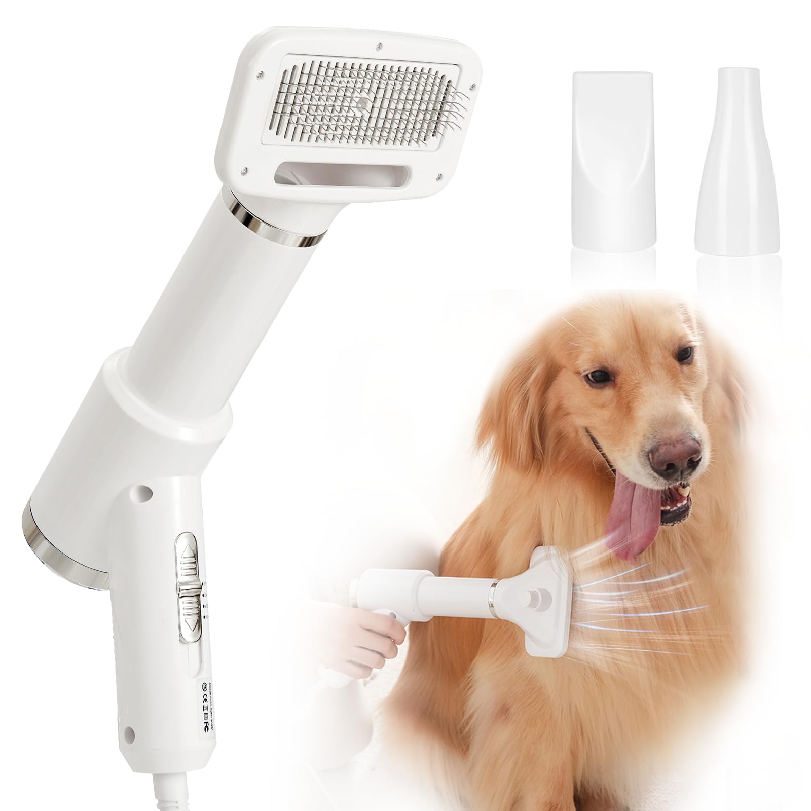 Portable Dog Hair Dryer with Brush – 300W, 3 Heat Settings, Quiet, Overheat Protection for Small Medium Pets