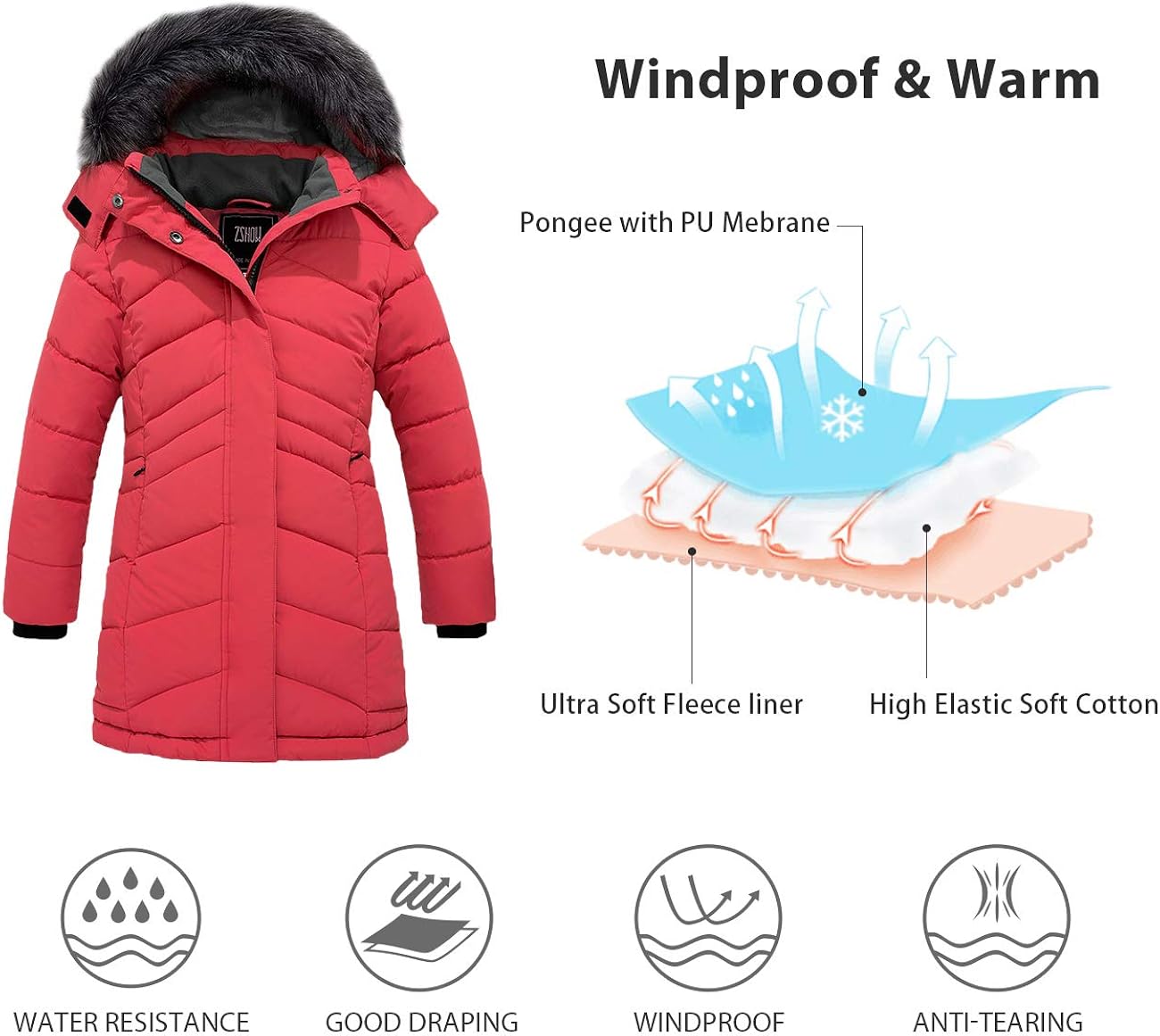 ZSHOW Girls' Winter Coat Water Resistant Long Parka Warm Hooded Puffer Jacket: Clothing