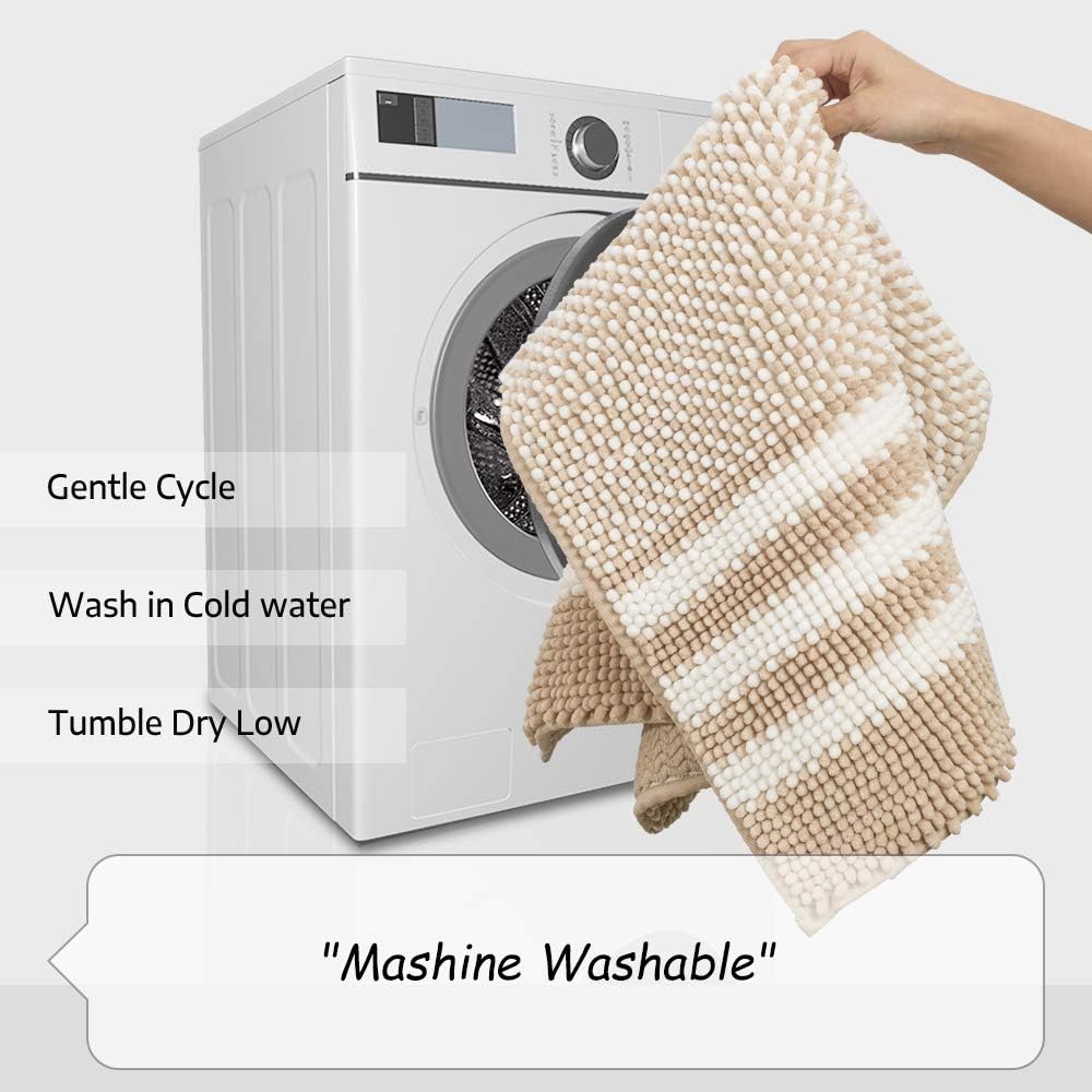 Bsicpro Chenille Bath Rug for Bathroom Shaggy Mat Shower Mats 32 x 21inch Super Non Slip Water Absorbent Carpet Stripe Pattern Plush Rugs for Tub, Shower, Bath Room (Khaki): Kitchen & Dining