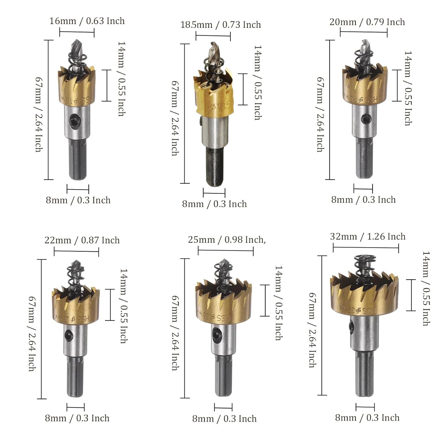 Gasea 6Pcs HSS Drill Bit Hole Saw Cutter Set Stainless High Speed Steel Metal Alloy Hole Cutter Tool 16/18.5/20/25/30/32mm