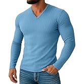 ZGHQHCDRH Men's T Shirt Ribbed Knit tee Long Sleeve V Neck Spring Fall Winter Plain Pit Strip Fashion Designer Basic Shirts