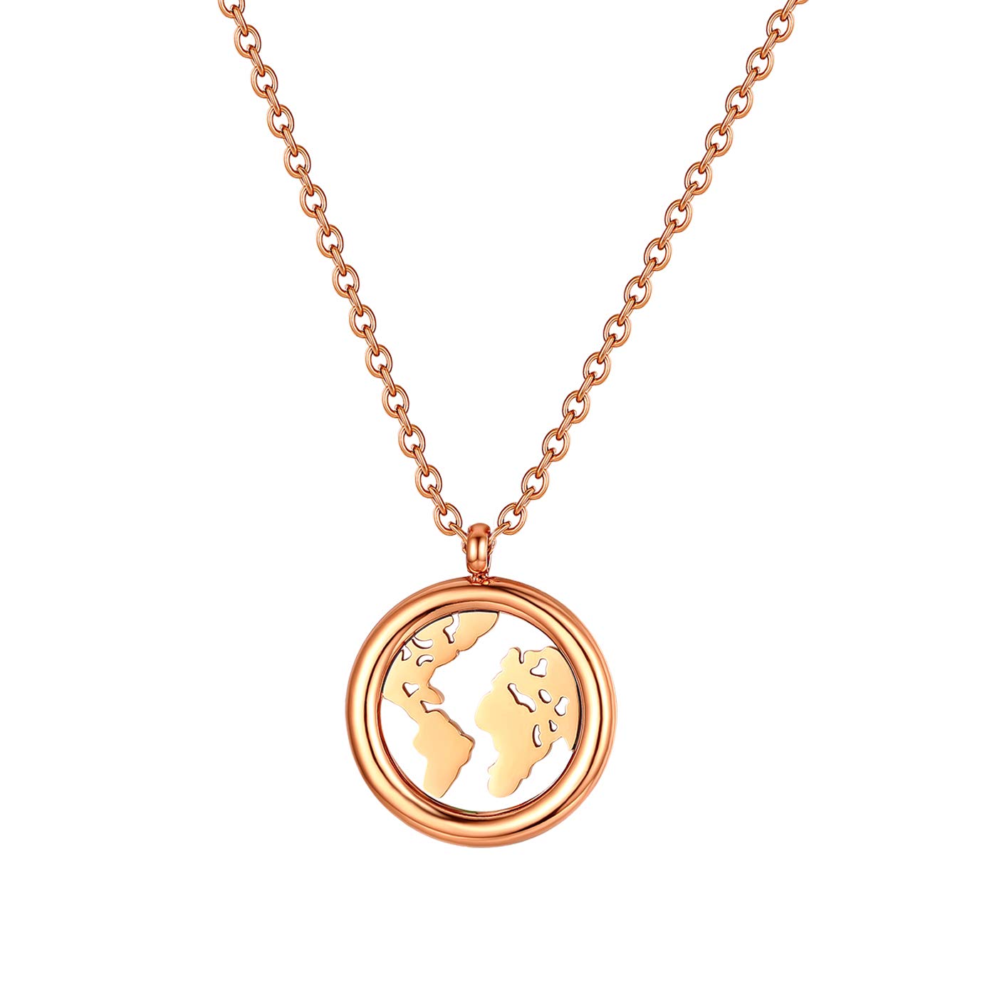 JewelryWe Fashion Map Necklace Round Tag Pendant with World Map Stainless Steel Necklaces for Women Girls(Rosegold)