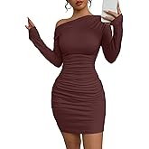 Acelitt Fall Off The Shoulder Dresses for Women 2025 Long Sleeve Ruched Bodycon Cocktail Party Mini Dress(Size Down)