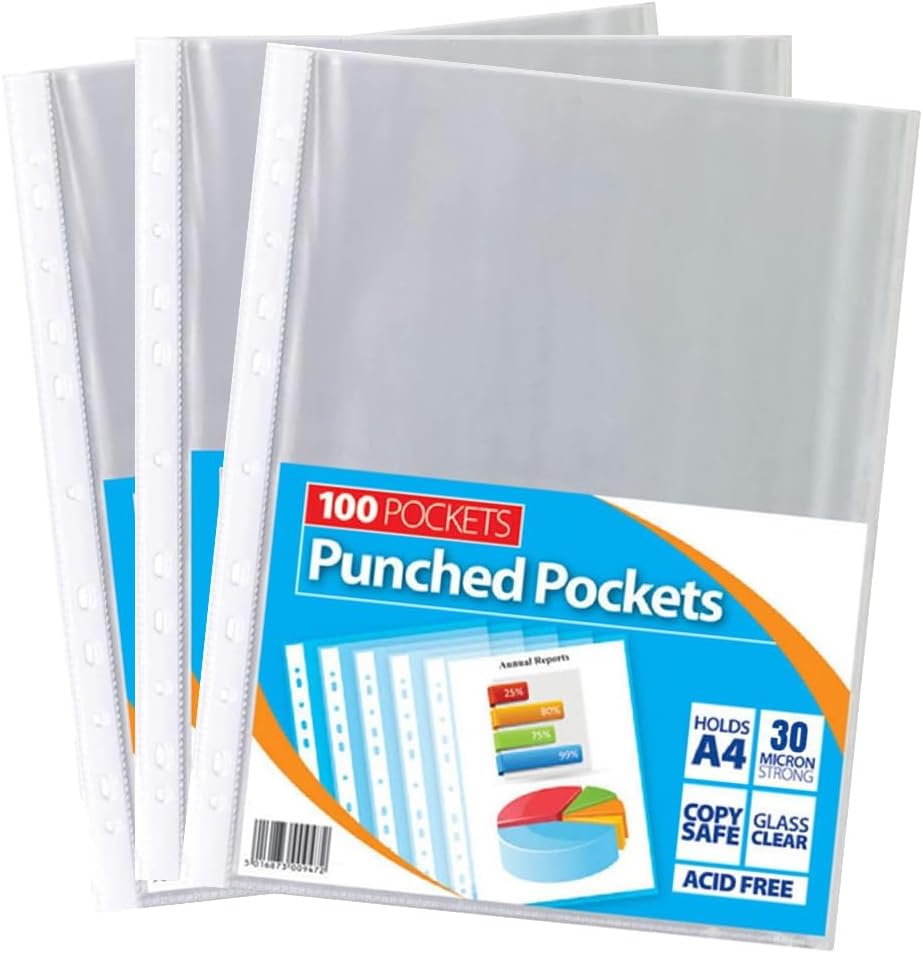1ABOVE 30 Micron 300Pack A4 Glass Clear Plastic Wallets Punched Poly Pocket